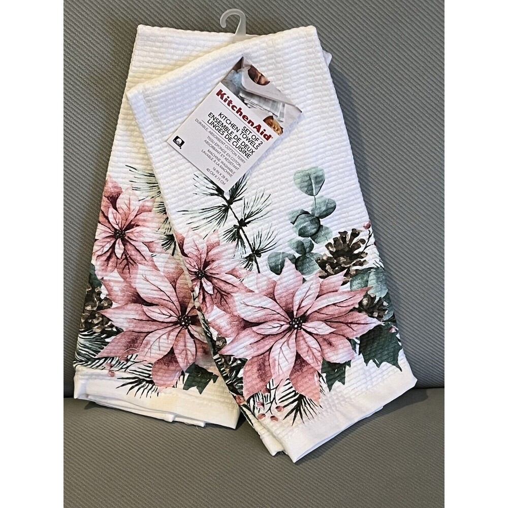 Kitchen Aid Kitchen Towels Pink Poinsettia & Greens Cotton Terry 2 Pk Christmas